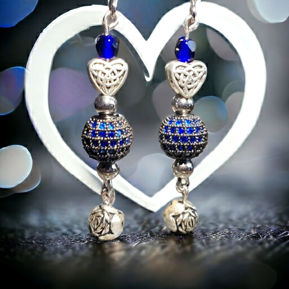 Silver Heart and Rose Beaded, Sapphire Accented Handcrafted Earrings - Picture 5 of 8